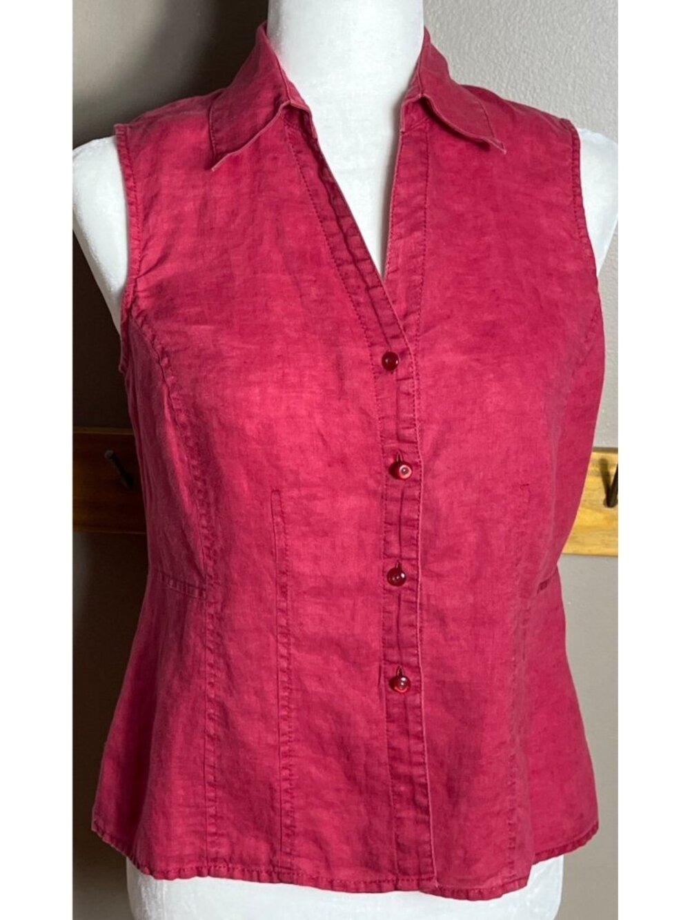 Rafaella Linen Button Top Sleeveless Raspberry Red Coastal Casual Preppy Wom 6